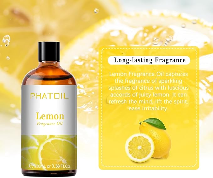 PHATOIL 100ML Lemon Fragrance Oils for Aromatherapy, Diffuser Oils for Home, Perfect for Humidifier, Yoga, DIY Candle and Soap Making - 3.38FL.OZ