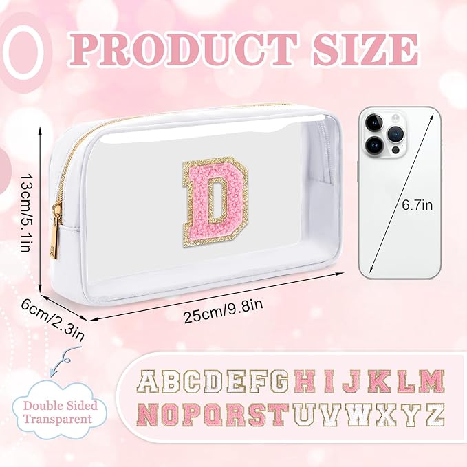 Small Clear Personalized Initial Makeup Bag,Nylon Preppy A-Z Chenille Letter Patch Cosmetic Pouch Beach Toiletry Bag,Waterproof Zipper Travel Purse Storage Bag Organizer for Women Girls(White-Pink D)