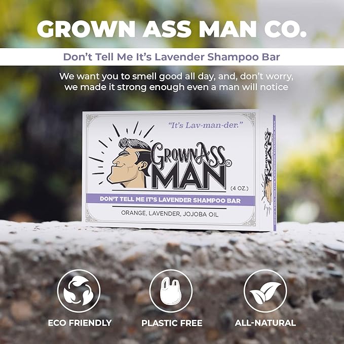 Grown Ass Man Co. - Solid Shampoo Bar Rich Lather 3 in 1: Hair, Beard & Body Wash - Plastic Free & Eco-Friendly, Natural & Organic for All Hair Types, 4oz Bar (Don't Tell Me It's Lavender, Single)