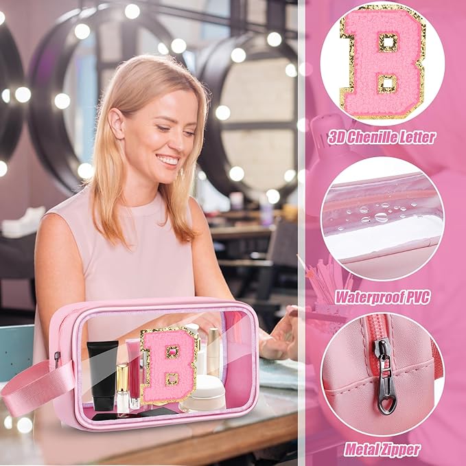 Initial Makeup Bag,Letter B Cute Clear Monogrammed Cosmetic Travel Bag for Womens Girls,Personalized Pink Aesthetic Traveling Make Up Organizer Bag for Beach,Waterproof Toiletry Bag