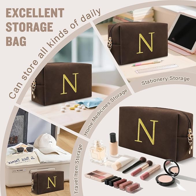 Personalized Initial Makeup Bag,Preppy Suede Cosmetic Bag for Teen Girls,Small Monogram Travel Toiletry Bag With Gold Embroidered Letter,Trendy Stuff Custom Christmas Gift for Women(Coffee-N)