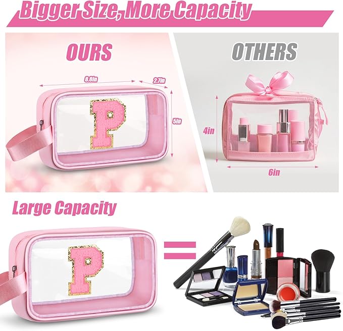 Initial Makeup Bag,Letter P Cute Clear Monogrammed Cosmetic Travel Bag for Womens Girls,Personalized Pink Aesthetic Traveling Make Up Organizer Bag for Beach,Waterproof Toiletry Bag