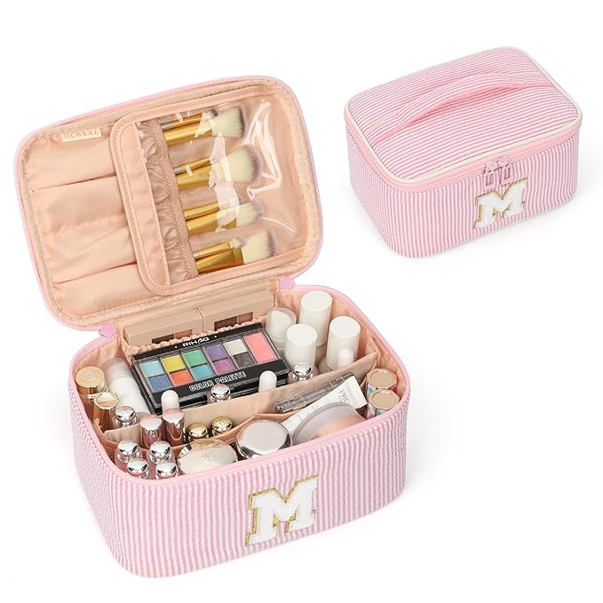 OCHEAL Makeup Bag for Women, Monogram Cosmetic Bag with Brush Holder, Pink Travel Makeup Case Beauty Toiletry Bag Organizer Personalized Gifts for Girls Bridesmaid, Sister, Wife, Friends Initial M