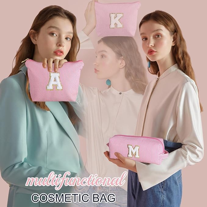 YOOLIFE Initial Makeup Bag for Girls, Travel Cosmetic Bag with Small Makeup Brush Bag Cute Makeup Bag Toiletry Travel Bag Personalized Wife Friend Gifts Makeup Birthday Gifts for Women Her Pink R