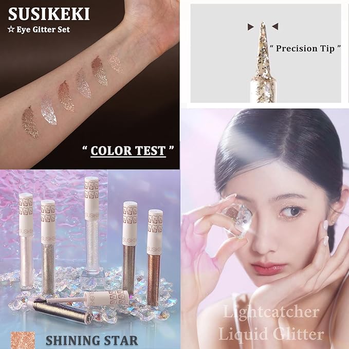 Eye Glitter Liquid Eyeshadow Eyeliner Set(6Pcs), Glittery Korean Makeup Bling Under Eye Shadows, Shimmer Tear Drop Make Up Gift Kit, Quick-Dry, Long-Lasting Loose Glitter Glue for Crystal Makeup