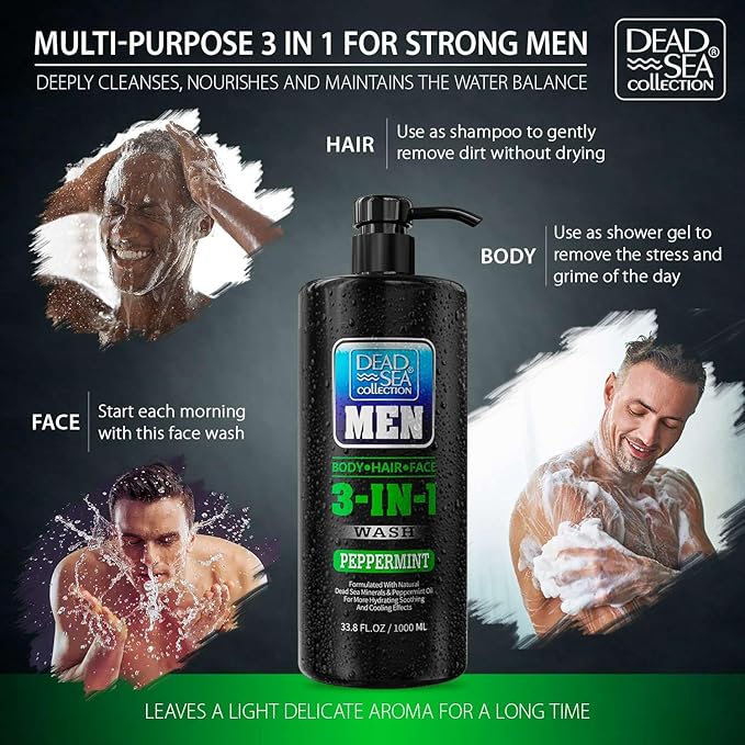 Dead Sea Collection Mens Body Wash 3 in 1 – Peppermint Body Wash for Men – Shower Gel – Shampoo – Shower Soap for Face and Hair – Pack of 2 Bottles (33.8 Fl. Oz. Each)