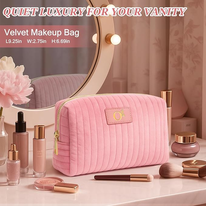 Monogrammed Make Up Bags for Women,Personalized Cosmetic Bags Women,Small Quilted Makeup Pouch,Cute Makeup Bag Travel,Birthday Gifts for Teen Girl (Pink O)