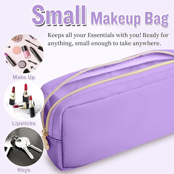 Nylon Small Makeup Bag for Purse, Cute Preppy Makeup Bag Cosmetic Zipper Pouch Purse, Waterproof Portable Travel Toiletry Bag Clutch Makeup Brush Bag Organizer Storage for Women Men Girls(Purple)