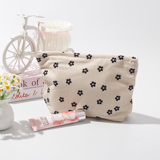 Cosmetic Bags for Women - Corduroy Cosmetic Bag Aesthetic Women Handbags Purses Smile Dots Makeup Organizer Storage Makeup Bag Girls Case Bags (Flowers-Plum blossom)