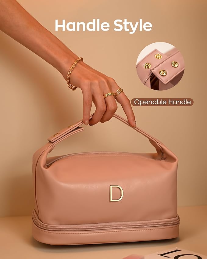 Teacher Appreciation Gifts, Personalized Makeup Bag with Handle, Initial Double Layer Cosmetic Bag with Makeup Brush Organizer, PU Leather Travel Toiletry Bag, Gifts for Friends Female Mom
