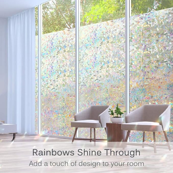 Volcanics Window Privacy Film with Installation Tools, Static Clings Vinyl 3D Decals, Stickers Rainbow Film for Glass Door Heat Control Anti UV 29.5 x 78.7 Inches