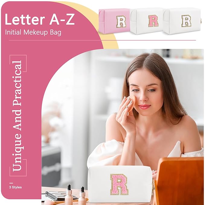 Personalized Makeup Bag Initial A-Z Preppy Patch Bag,Small PU Leather Travel Cosmetic Bag Pouch with Zipper,White Cute Toiletry Bag,Gift Ideal for Teen Girls Women Birthday Friend Mom,Letter R