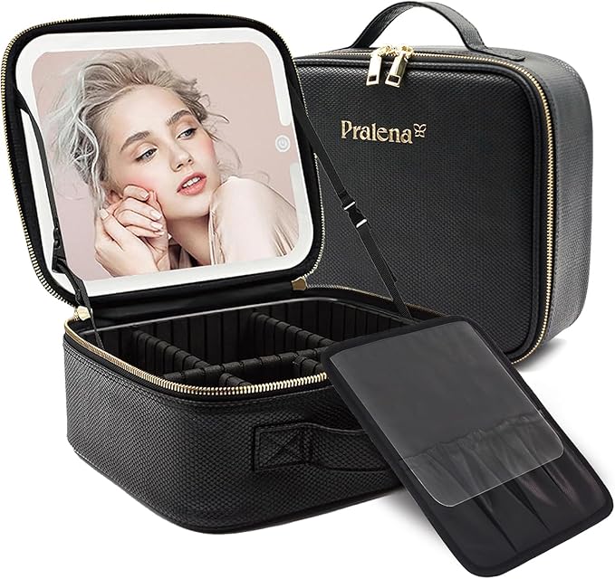 Travel Makeup Bag with LED Mirror – 3 Brightness Modes, Portable Lighted Makeup Case with Adjustable Dividers, Cosmetic Organizer Gift for Women (Black)