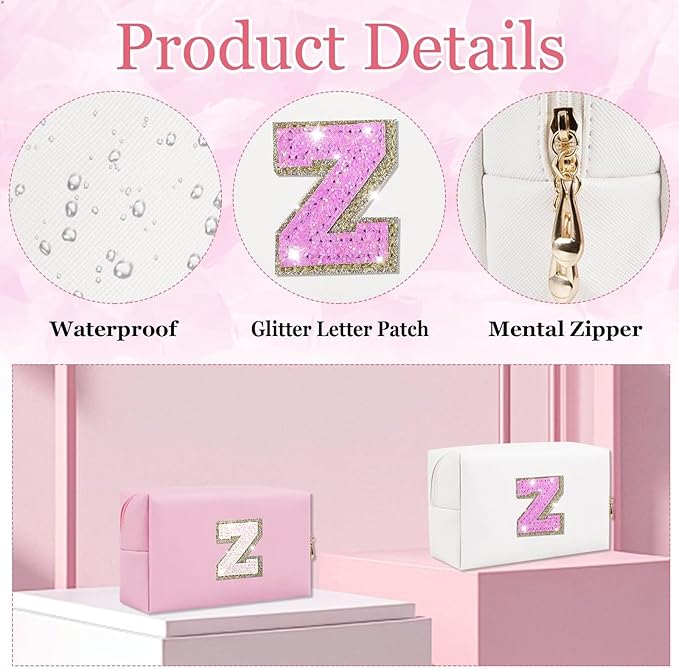 Glitter Initial Letter Makeup Bag, Small Personalized Sequins Letters PU Leather Cosmetic Bag Portable Waterproof Makeup Zipper Pouch, Shine Handbag Organizer Travel Bag Gifts for Women&Girls(White-Z)