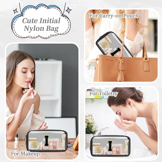 Small Clear Personalized Initial Makeup Bag,Nylon Preppy A-Z Chenille Letter Patch Cosmetic Pouch Beach Toiletry Bag,Waterproof Zipper Travel Purse Storage Bag Organizer for Women Girls(Black-Black I)
