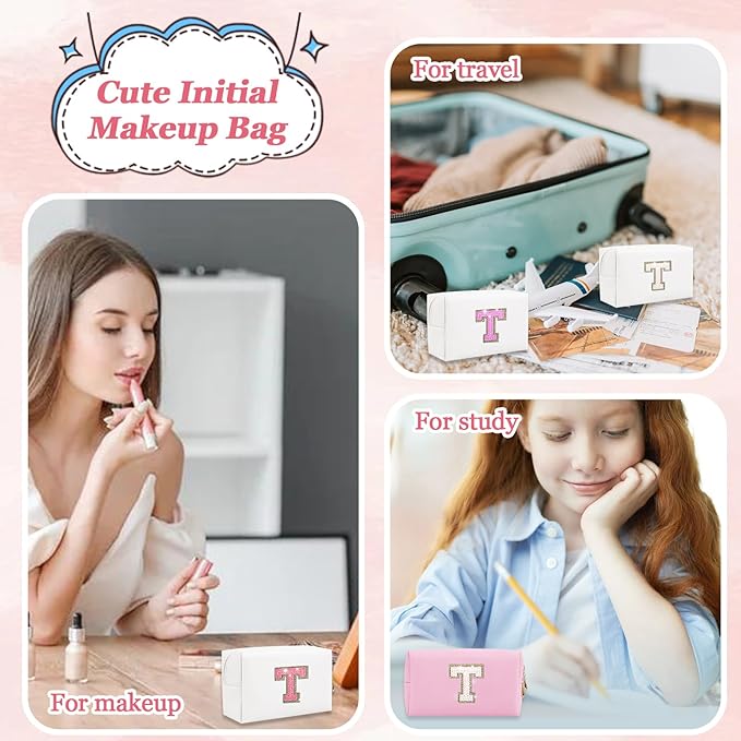 Personalized Initial Makeup Bag, Preppy Glitter Letter Cosmetic Pouch, PU Waterproof Zipper Travel Toiletry Bag - Unique Letter Patch Organizer Gift for Women & Teen Girls