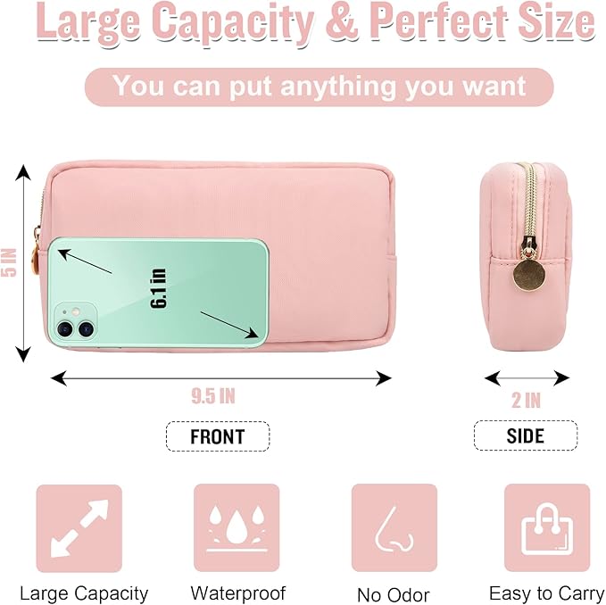 Nylon Small Makeup Bag for Purse, Cute Preppy Pink Makeup Bag Cosmetic Zipper Pouch Purse, Waterproof Portable Travel Toiletry Bag Clutch Makeup Brush Bag Organizer Storage for Women Men Girls(Pink)