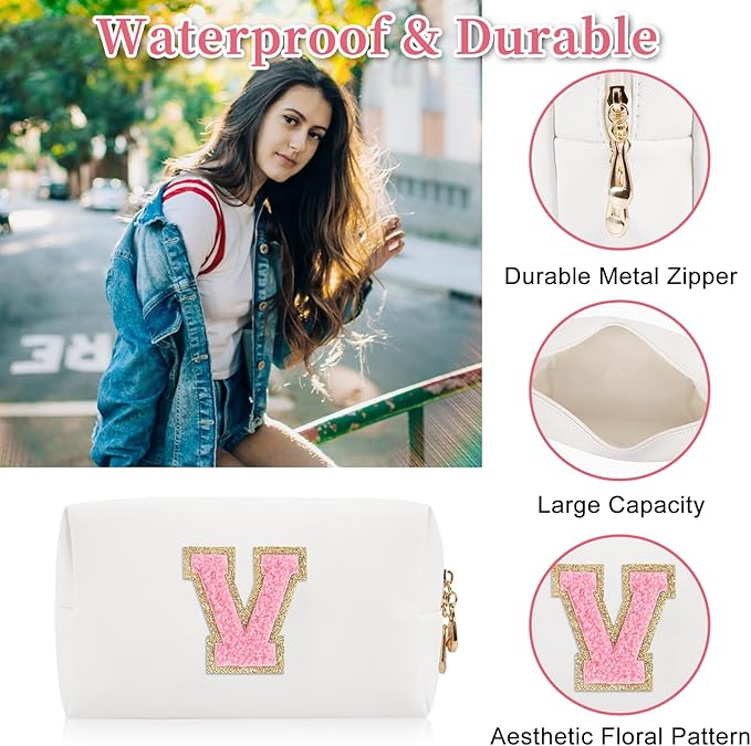 Personalized Initial Letter Patch Makeup Bag, Preppy Portable Chenille Letter Cosmetic Bag with Zipper, PU Leather Waterproof Travel Toiletry Bag Monogram Make Up Pouch for Women Girls(Letter V)