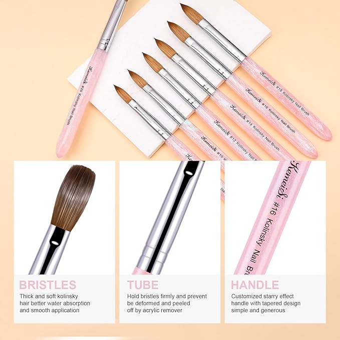 Acrylic Nail Brush Size #12, 100% Pure Kolinsky Nail Art Brushes for Acrylic Application, Sturdy Starry Handle Oval Shaped Nail Design Tools for Professional Manicure DIY, Pink