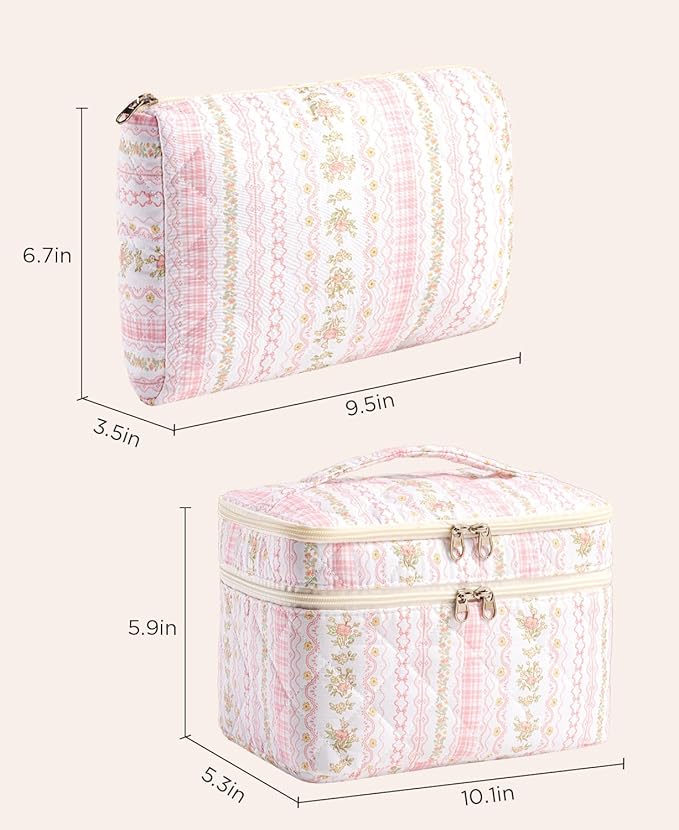 HBselect 2Pcs Travel Makeup Bag, Large Cotton Quilted Makeup Bag Cosmetic Bag Cute Make up Bag Toiletry Bags for Women Girls