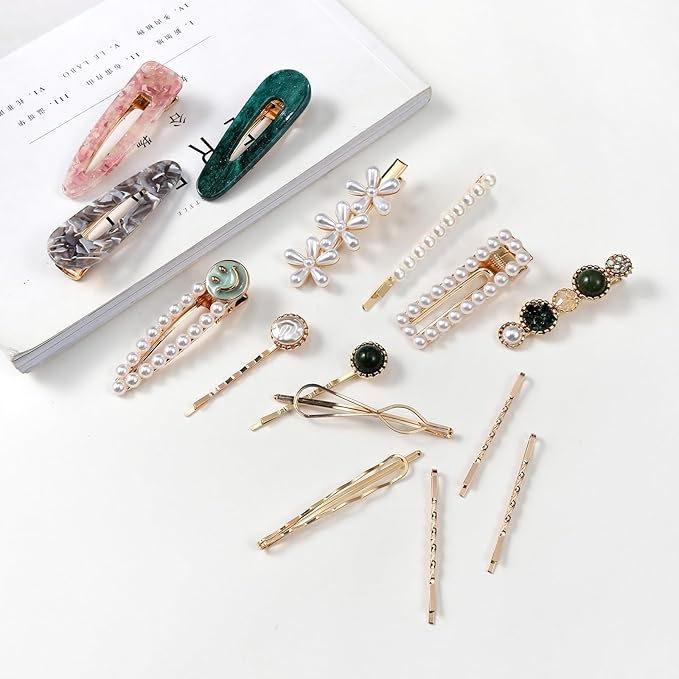 Mehayi 20 PCS Pearls and Acrylic Resin Hair Clips, Handmade Hair Barrettes, Marble Alligator bobby pins, Glitter Crystal Geometric Hairpin, Elegant Gold Hair Accessories, Gifts for Women Girls