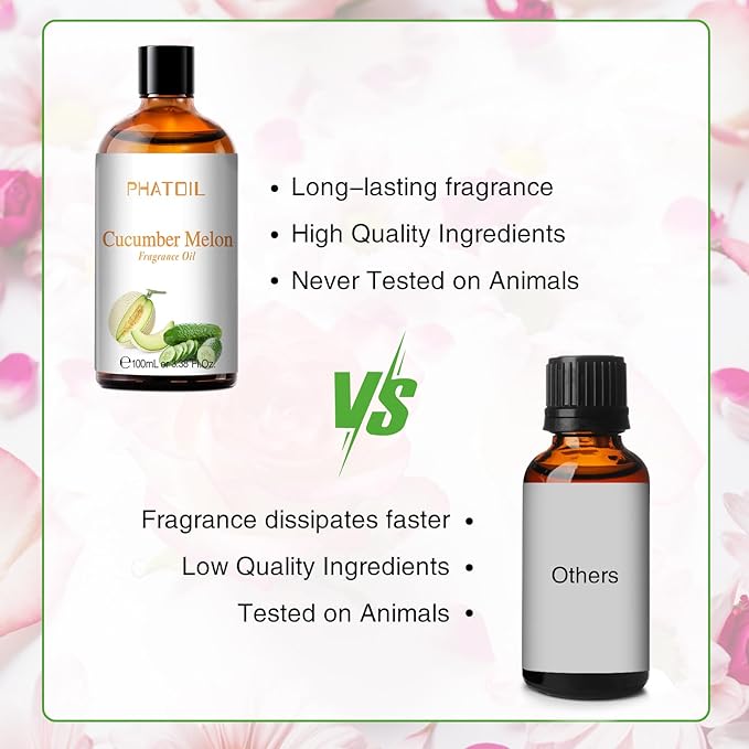 PHATOIL 3.38FL.OZ Cucumber Melon Fragrance Oils for Aromatherapy, Essential Oils for Diffusers for Home, Perfect for Diffuser, Yoga, Skin Care, DIY Candle and Soap Making - 100ml