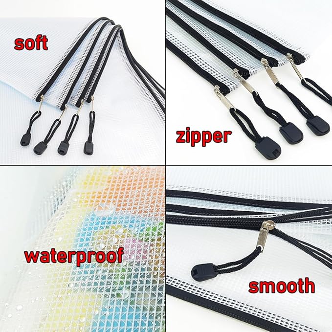 AUSTARK 10 Pcs Zipper File Bags, Waterproof Plastic Mesh Pouch for Office School, Board Game Storage Bags (A3 Size 16.9''x12'', White and Black)