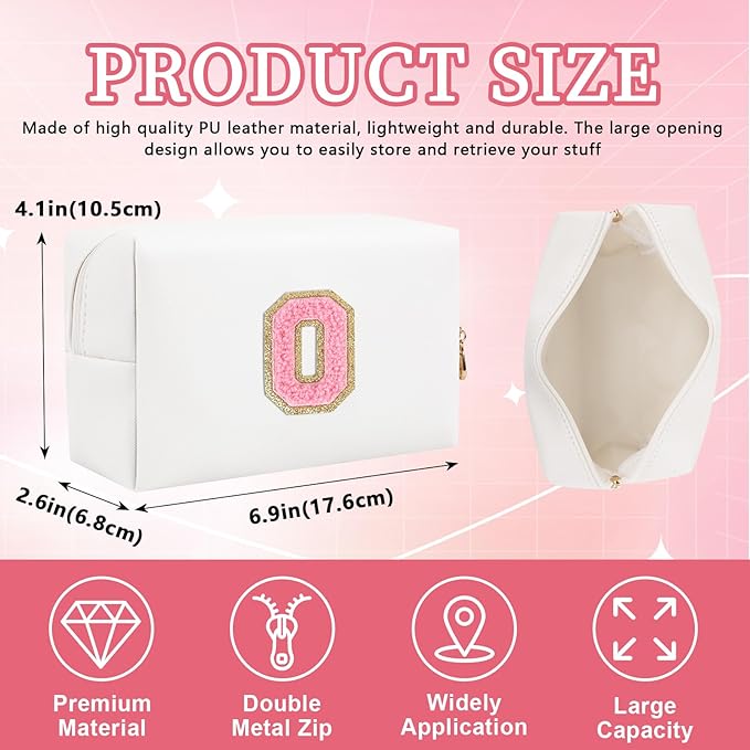 Personalized Initial Letter Patch Makeup Bag, Preppy Portable Chenille Letter Cosmetic Bag with Zipper, PU Leather Waterproof Travel Toiletry Bag Monogram Make Up Pouch for Women Girls(Letter O)