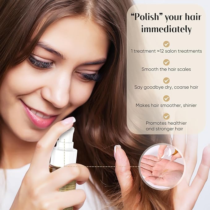 24K Gold Argan, Coconut, and Olive Oil Serum for Frizz Control, Shine, and Split End Repair - Nourishing Hair Treatment with Vitamin E, 2.02 fl oz, 60ml