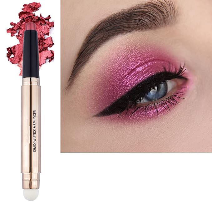 2 in 1 Eyeshadow Pen and Sponge Makeup Brush, Glitter Primer Palette Smooth Cream Shimmer Eye Shadow Pencil Long Lasting Waterproof, Hypoallergenic Highlighter Multi-Dimensional eyes Look