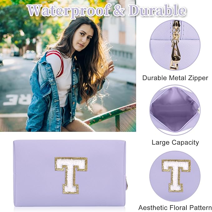 Iqimott Personalized Initial Letter Patch Makeup Bag, Preppy Small Chenille Letter Cosmetic Bag with Zipper, PU Leather Waterproof Travel Toiletry Bag Monogram Make Up Pouch for Women Girls(Letter T)