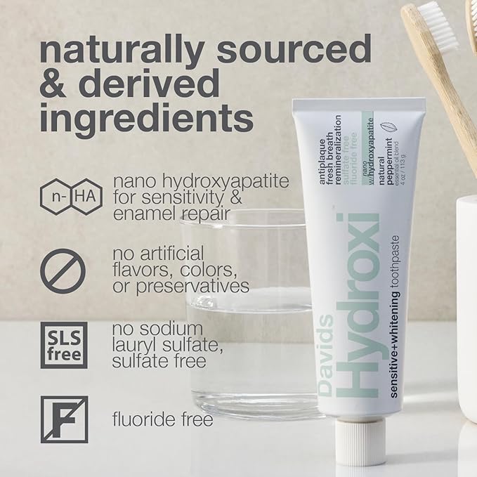Davids Hydroxi Fluoride Free Nano Hydroxyapatite Toothpaste for Remineralizing Enamel & Sensitive Relief, Whitening, Antiplaque, SLS Free, Natural Peppermint, 5.25oz, Made in USA