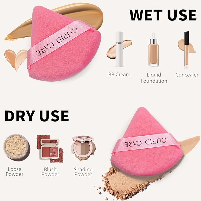 6 Pcs Triangle Powder Puff with 2 Travel Cases, Setting Powder Puffs for Face Powder and Foundation, Velour Makeup Puff for Loose Powder Body Powder, Skin-Friendly, Beauty Makeup Tools