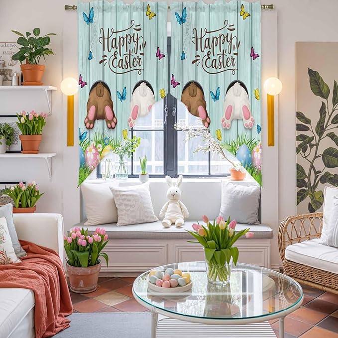Swag Curtain Valances for Kitchen Windows, Happy Easter Bunny Butt Egg Floral - Image 7