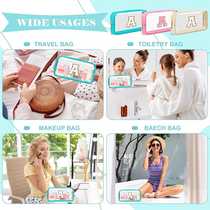 Personalized Initial Letter Clear Makeup Bag,Preppy Small Nylon&PVC Cosmetic Zipper Bag with Chenille Letter,Portable Beach Travel Skincare Toiletry Bag,Trendy Monogram Gift for Teen Girls Women,A