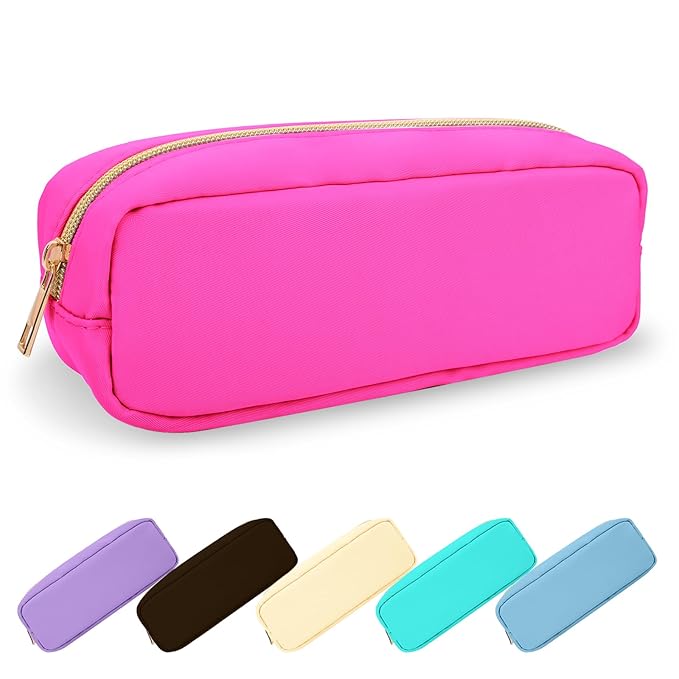 Small Pencil Case Makeup Bag for Purse, Cute Pencil Pouch Preppy Nylon Makeup Brush Bag with Zipper , Girls Portable Stationery Storage Case Small Pen Bag for Office School College(Slim-Bubblegum)