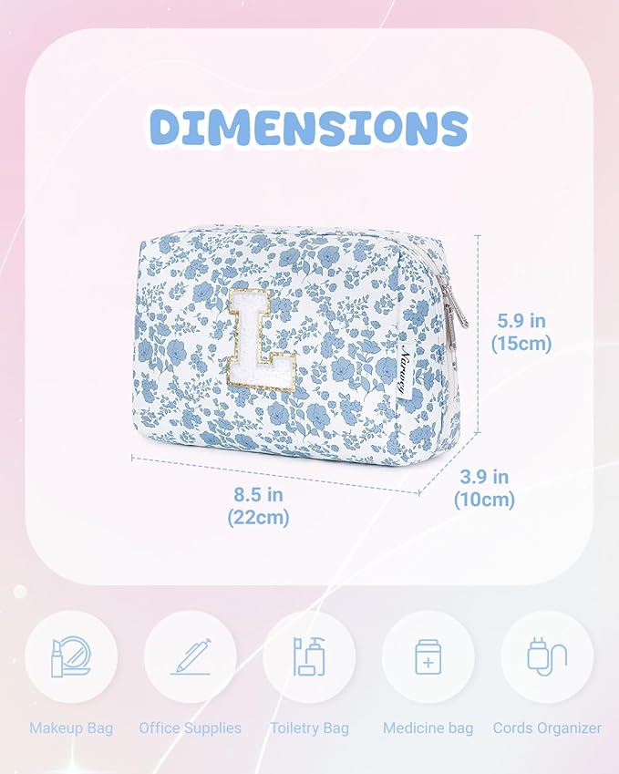 Narwey Birthday Gifts for Teen Girls Kids Women Personalized Initial Floral Makeup Bag Cute Cosmetic Trendy Stuff 6 8 10 11 12 13 14 16 18 Years Old Travel Toiletry Bag (Little Blue Flower L)