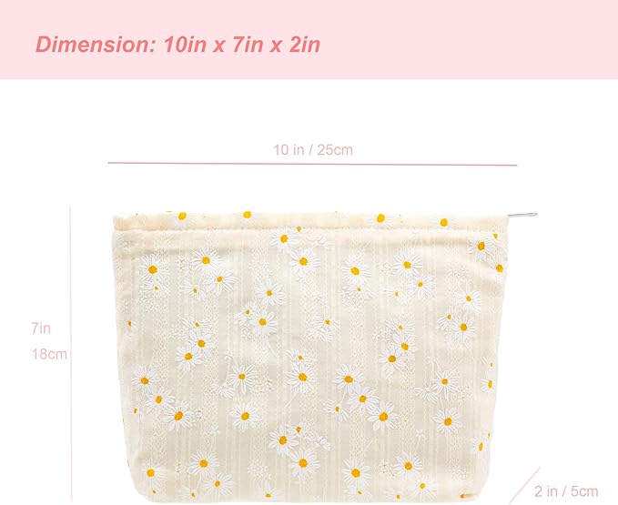 PAZIMIIK Floral Makeup Bag Large Cotton Zipper Pouch for Purse Travel Canvas Make Up Organizer for Women Cosmetic,Daisy Beige