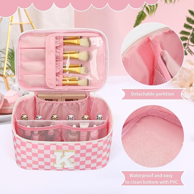 OCHEAL Makeup Bag for Women, Monogram Cosmetic Bag with Brush Holder, Pink Travel Makeup Case Beauty Toiletry Bag Organizer Personalized Gifts for Girls Bridesmaid, Sister, Wife, Friends Initial K