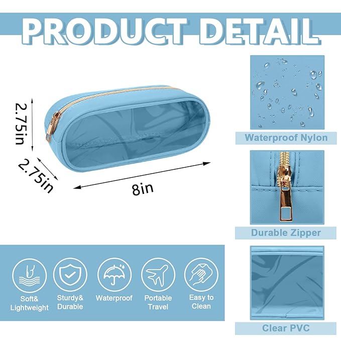 Clear Small Pencil Pouch Makeup Bag for Purse,Nylon&PVC Pencil Case Waterproof Makeup Brush Holder with Zipper,Preppy Transparent Pen Bag Travel Cosmetic Bag for Women Office(Slim-Blue)