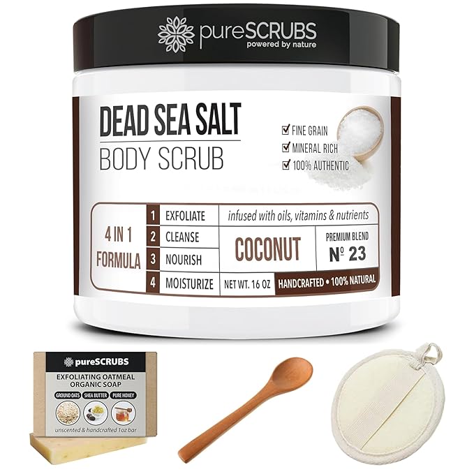 pureSCRUBS Premium Coconut Body Scrub Set - Large 16oz Dead Sea Salt Body Scrub With Infused Essential Oils & Nutrients, Includes Wooden Spoon, Loofah & Oatmeal Exfoliating Bar Soap