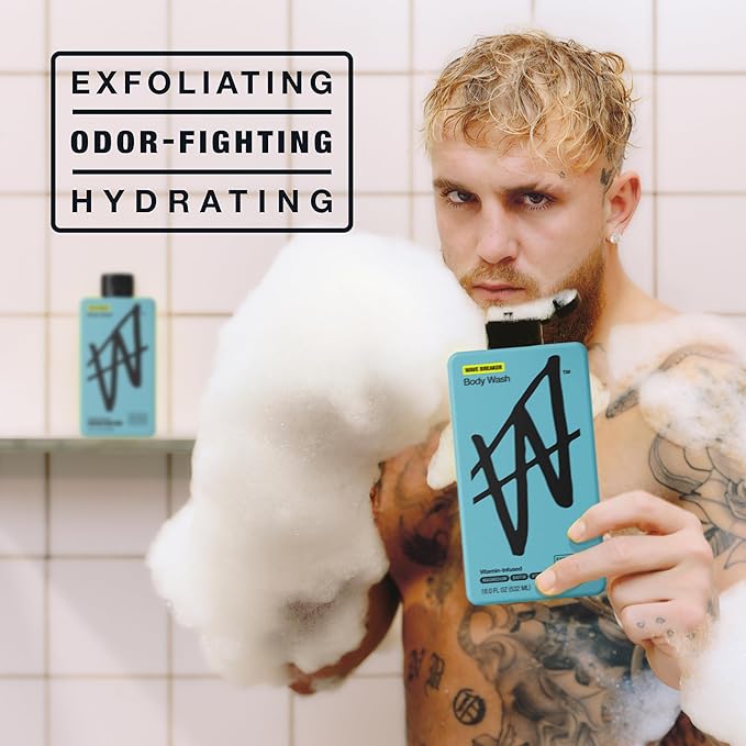 W By Jake Paul Exfoliating Body Wash for Men, Vitamin-Infused, Hydrating Shower Gel, Wave Breaker, 18 fl oz