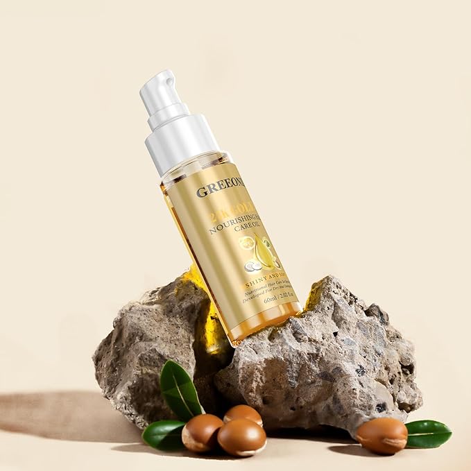 24K Gold Argan, Coconut, and Olive Oil Serum for Frizz Control, Shine, and Split End Repair - Nourishing Hair Treatment with Vitamin E, 2.02 fl oz, 60ml