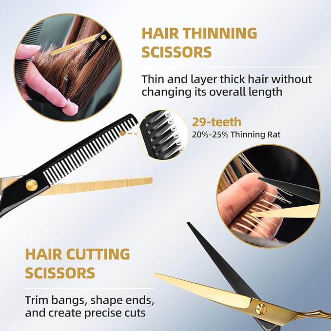 Hair Cutting Scissors Kit - 9 PCS Professional Haircut Scissors Set with Stainless Steel Straight and Thinning Shears for Home, Salon, and Barber Use (Black & Gold)