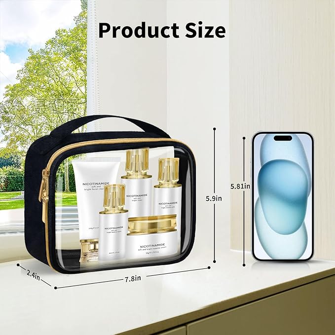 TSA Approved Travel Toiletry Bag,2 Pack Clear Makeup Bags with Handles,Quart Size Clear Cosmetic Bags for Traveling Women,Men,Carry on Airport Airline Compliant Bag,Black