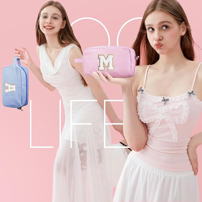 YOOLIFE Gifts for Friend - Personalized Best Friend Birthday Gifts for Women Her Friend Friendship, Sister Gifts from Sister, Monogram Initial Blue Makeup Bag Cosmetic Toiletry Pouch Make Up Case F