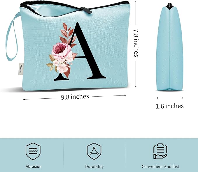 Vavabox A-Z Personalized Makeup Bag, Birthday Gifts for Women Mom, Gifts for Best Friend, Bride Bridesmaid Cosmetic bag (A, Green)