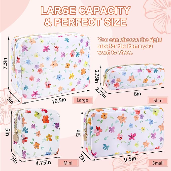 Waterproof Small Floral Pencil Case Makeup Bag for Purse,Cute Flower Pencil Pouch Preppy Nylon Makeup Brush Holder with Zipper,Girls Portable Storage Case Pen Bag for Work(Slim Colorful-Flowers)