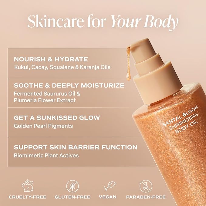 Saltair Shimmering Body Oil - Santal Bloom Scented Dry Oil Moisturizer with Light-Reflecting Pearl Pigments. Moisturizing Glow for All Skin Types - 4 Fl Oz