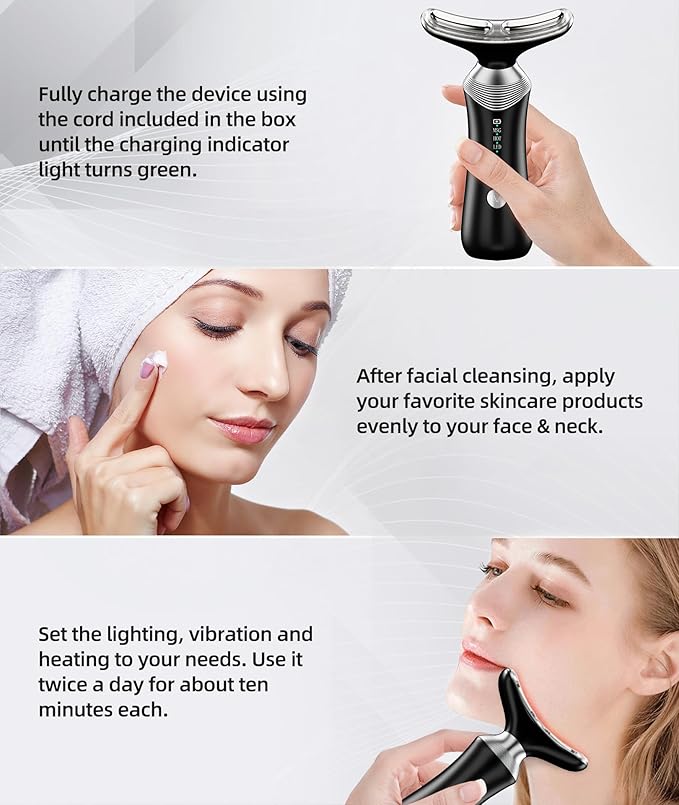 9-in-1 Red-Light-Therapy-for-Face-and-Neck, Portable Facial Massager Tool with Adjustable Vibration & Thermals for Wrinkles, Double Chin, Black